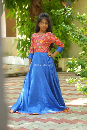 Blue Patola Yoke with Chanderi Dress- Mini