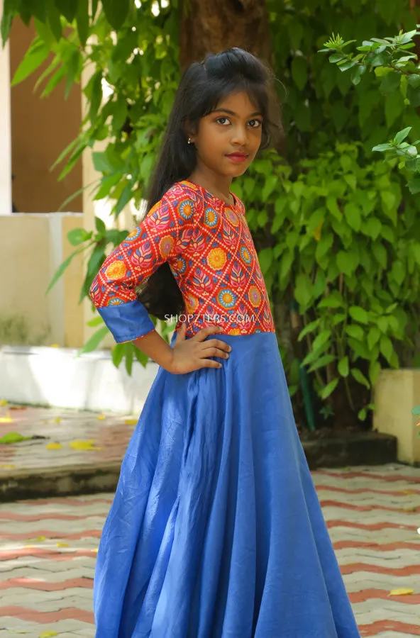 Blue Patola Yoke with Chanderi Dress- Mini