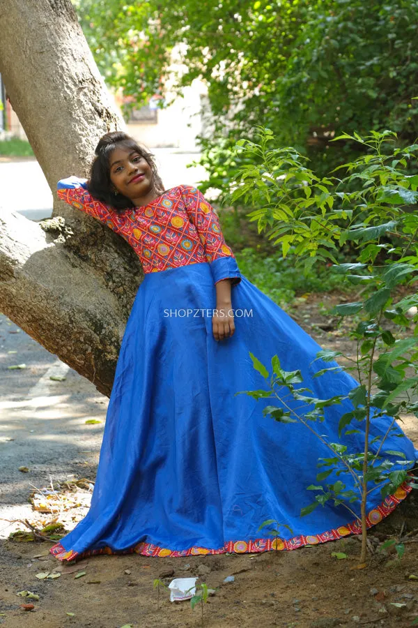 Blue Patola Yoke with Chanderi Dress- Mini
