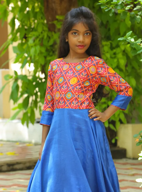 Blue Patola Yoke with Chanderi Dress- Mini