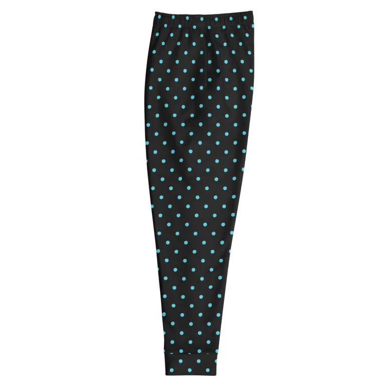 Blue Polka Dots Men's Joggers, Premium Dots Print Black Fashion Sweatpants- Made in EU