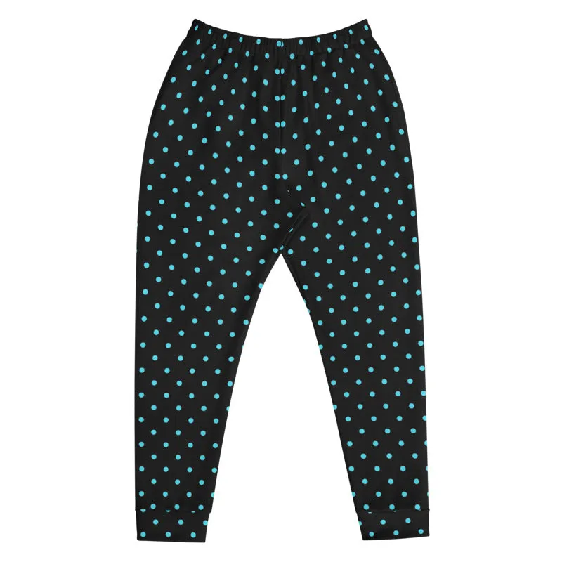 Blue Polka Dots Men's Joggers, Premium Dots Print Black Fashion Sweatpants- Made in EU