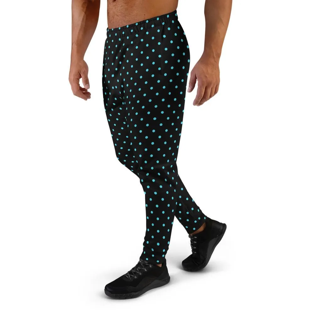 Blue Polka Dots Men's Joggers, Premium Dots Print Black Fashion Sweatpants- Made in EU