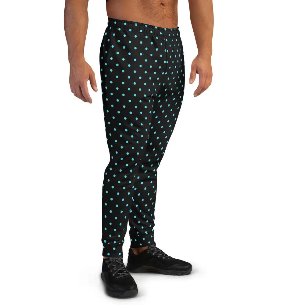 Blue Polka Dots Men's Joggers, Premium Dots Print Black Fashion Sweatpants- Made in EU