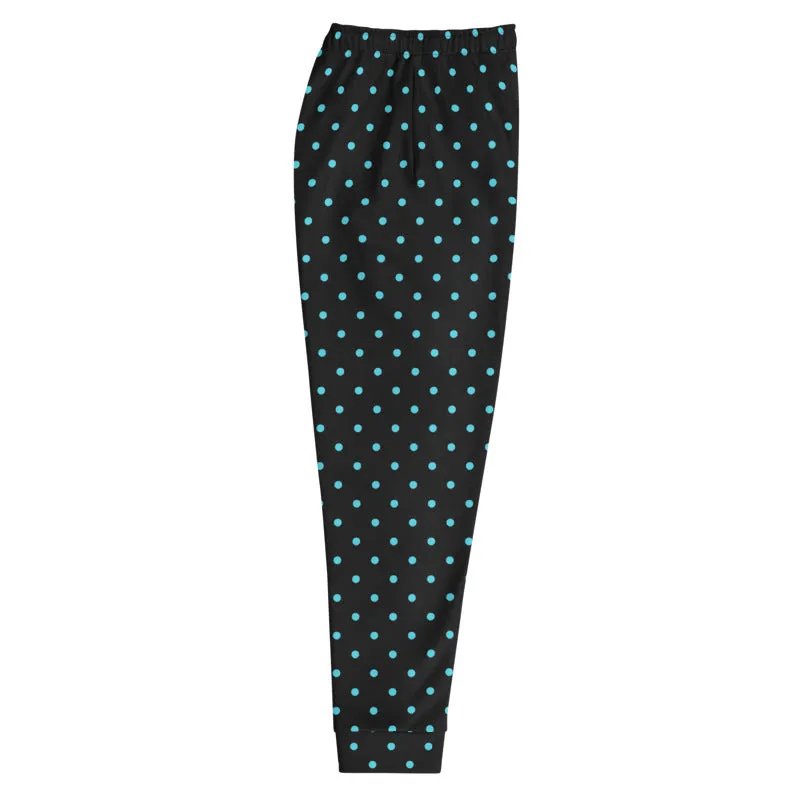 Blue Polka Dots Men's Joggers, Premium Dots Print Black Fashion Sweatpants- Made in EU
