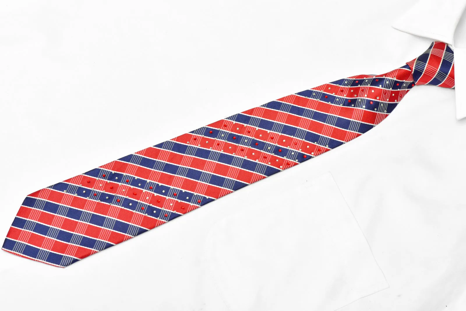 Blue Red Silver Striped Plaid Rhinestone Silk Tie