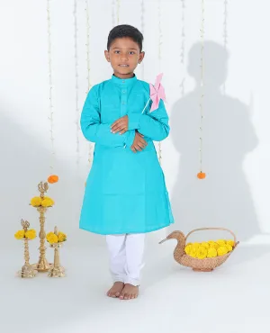 Blue solid design full-sleeve cotton kurta with contrast pants