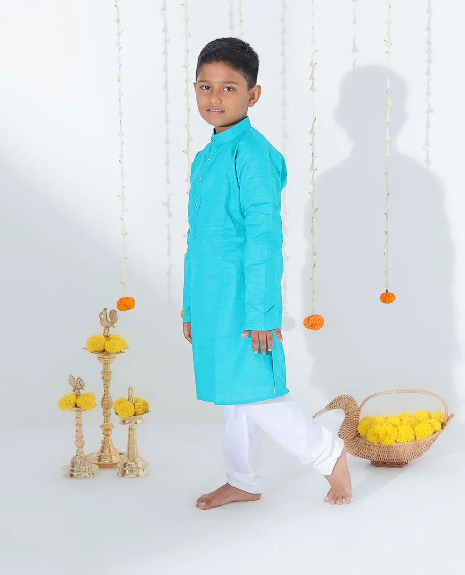 Blue solid design full-sleeve cotton kurta with contrast pants