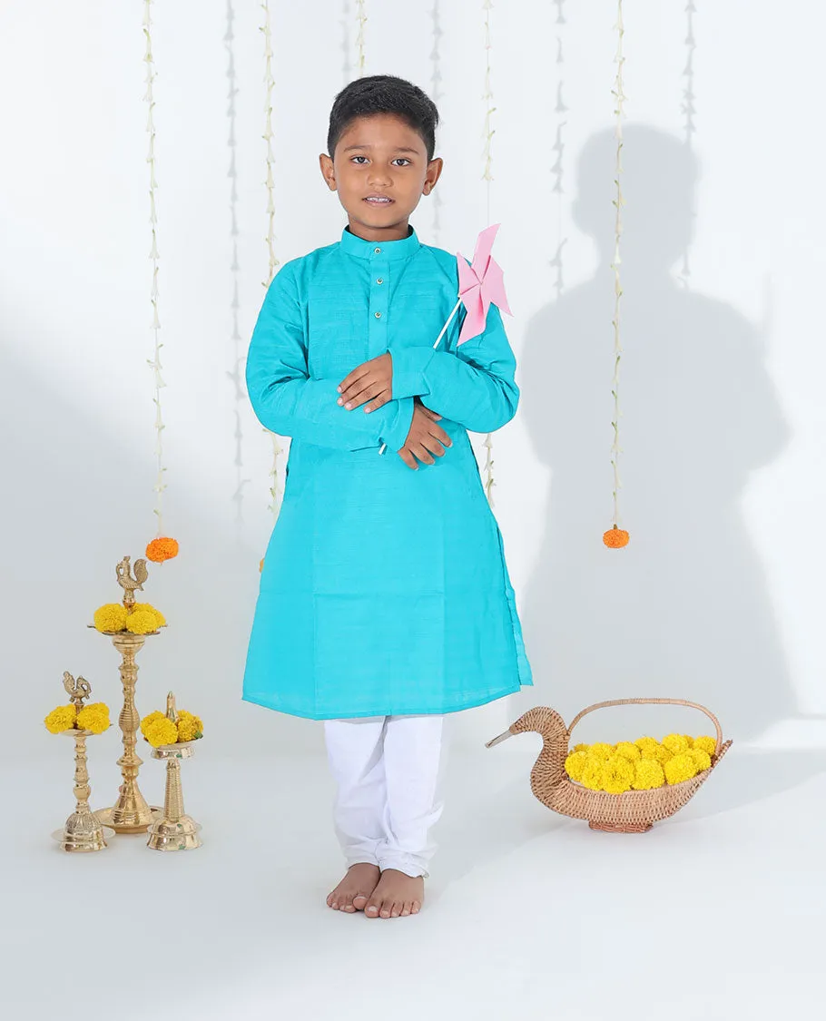 Blue solid design full-sleeve cotton kurta with contrast pants
