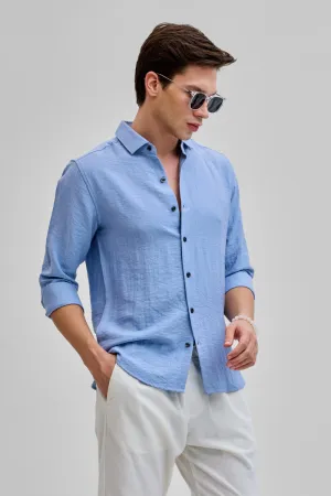 Blue Textured Linen Blend Shirt