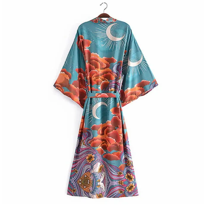 Boho Beach Moon Print Belt Robe Long Cardigan Kimono Outerwear
