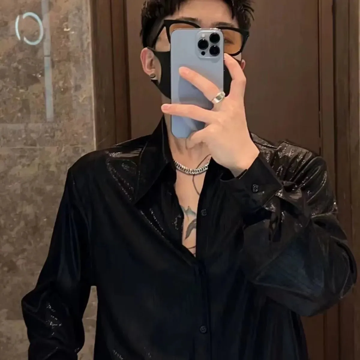 Bonsir Oversize Versatile Commuter Men's Clothing Autumn New Spliced Buttons Square Neck Long Sleeve Simplicity Solid Color Shirt