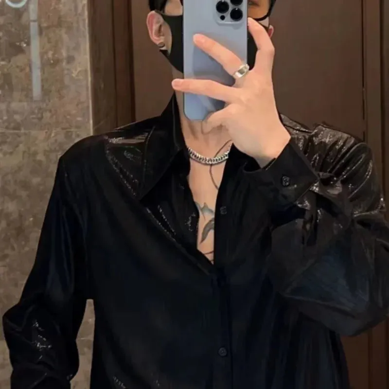 Bonsir Oversize Versatile Commuter Men's Clothing Autumn New Spliced Buttons Square Neck Long Sleeve Simplicity Solid Color Shirt