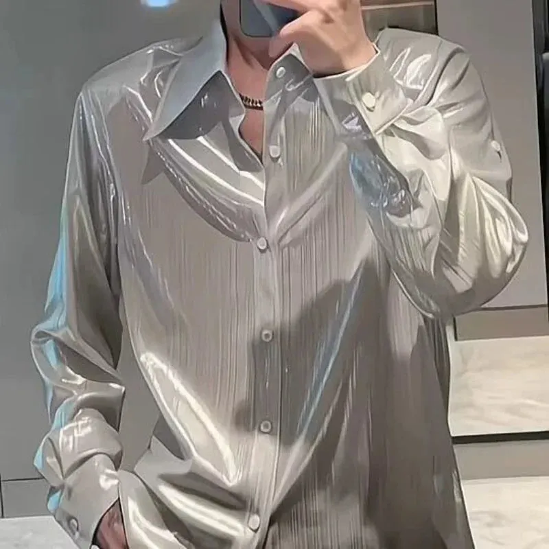 Bonsir Oversize Versatile Commuter Men's Clothing Autumn New Spliced Buttons Square Neck Long Sleeve Simplicity Solid Color Shirt