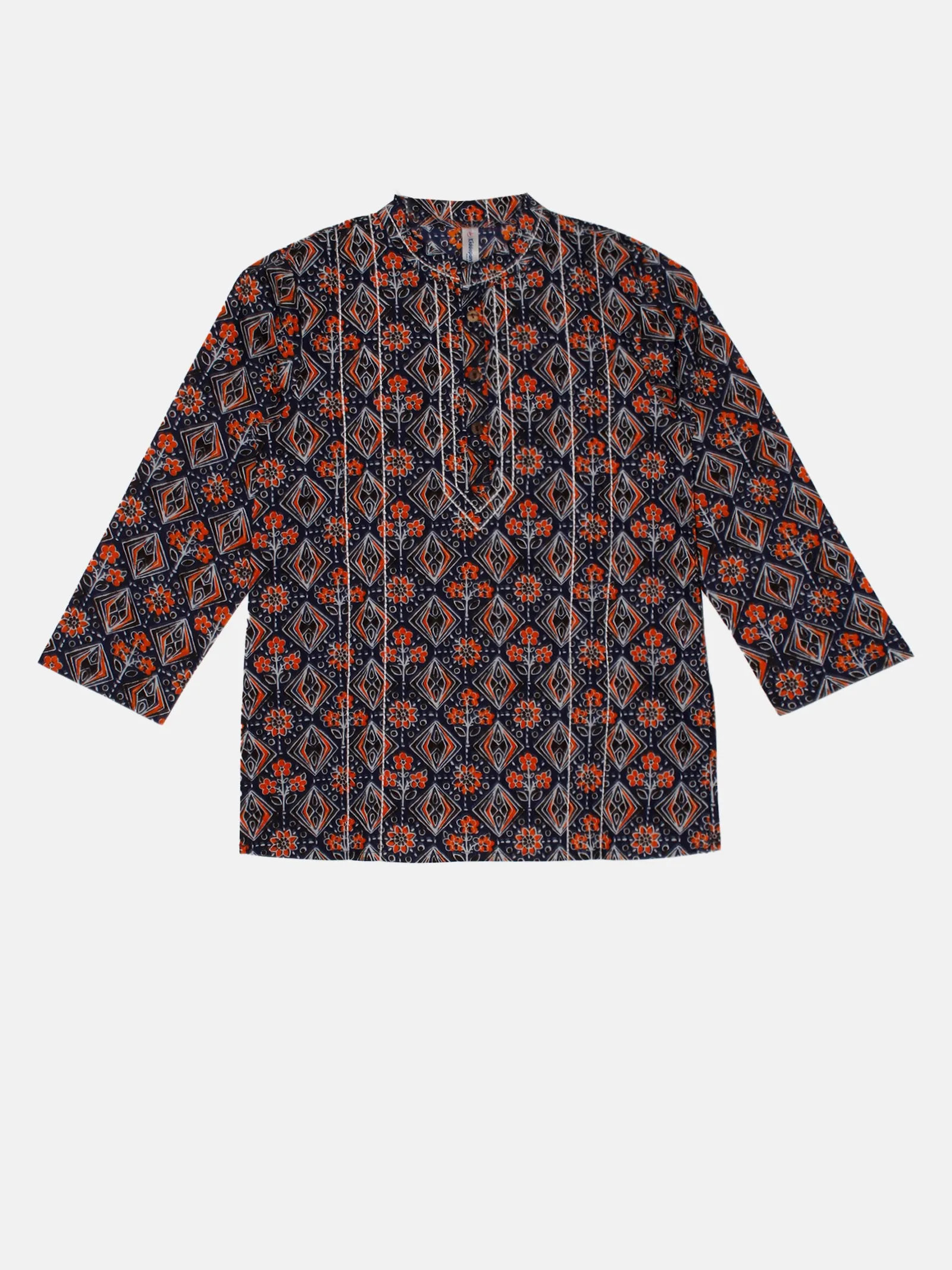 Boys 100% Cotton Ethnic Motif Jaipuri Short Kurta With Front Embroidery