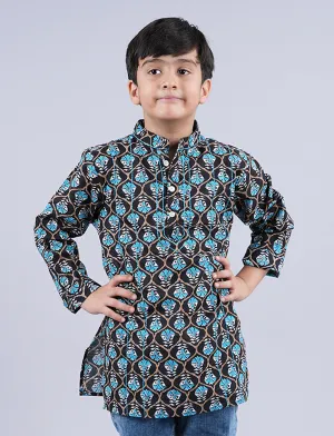 Boys 100% Cotton Ethnic Motif Jaipuri Short Kurta With Front Embroidery