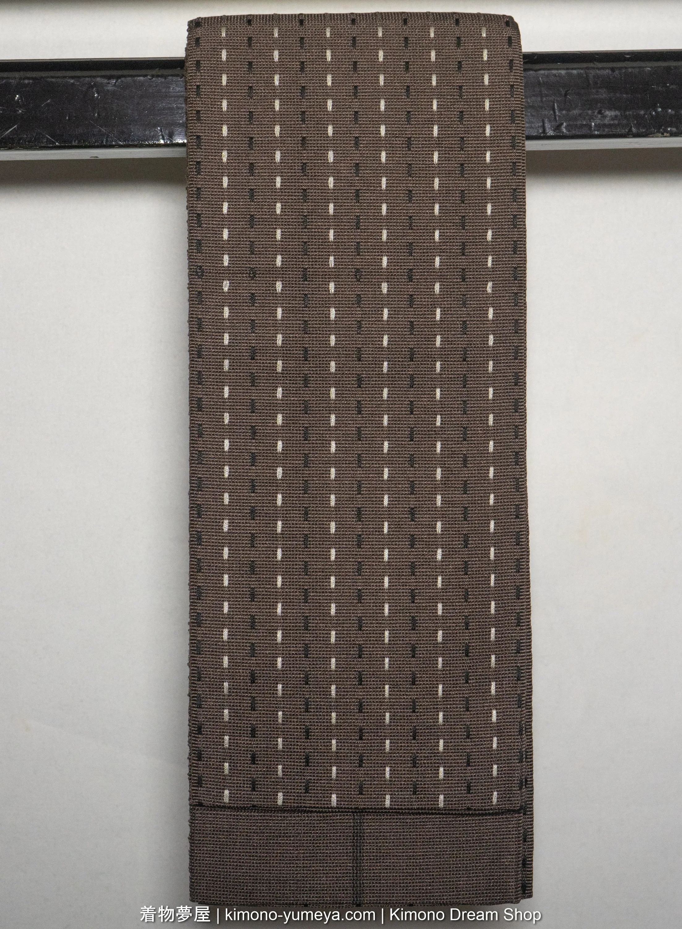 Brand New Silk Kaku Obi for Men's Kimono - Brown with White & Black Dotted Stripes - Traditional Japanese Accessory
