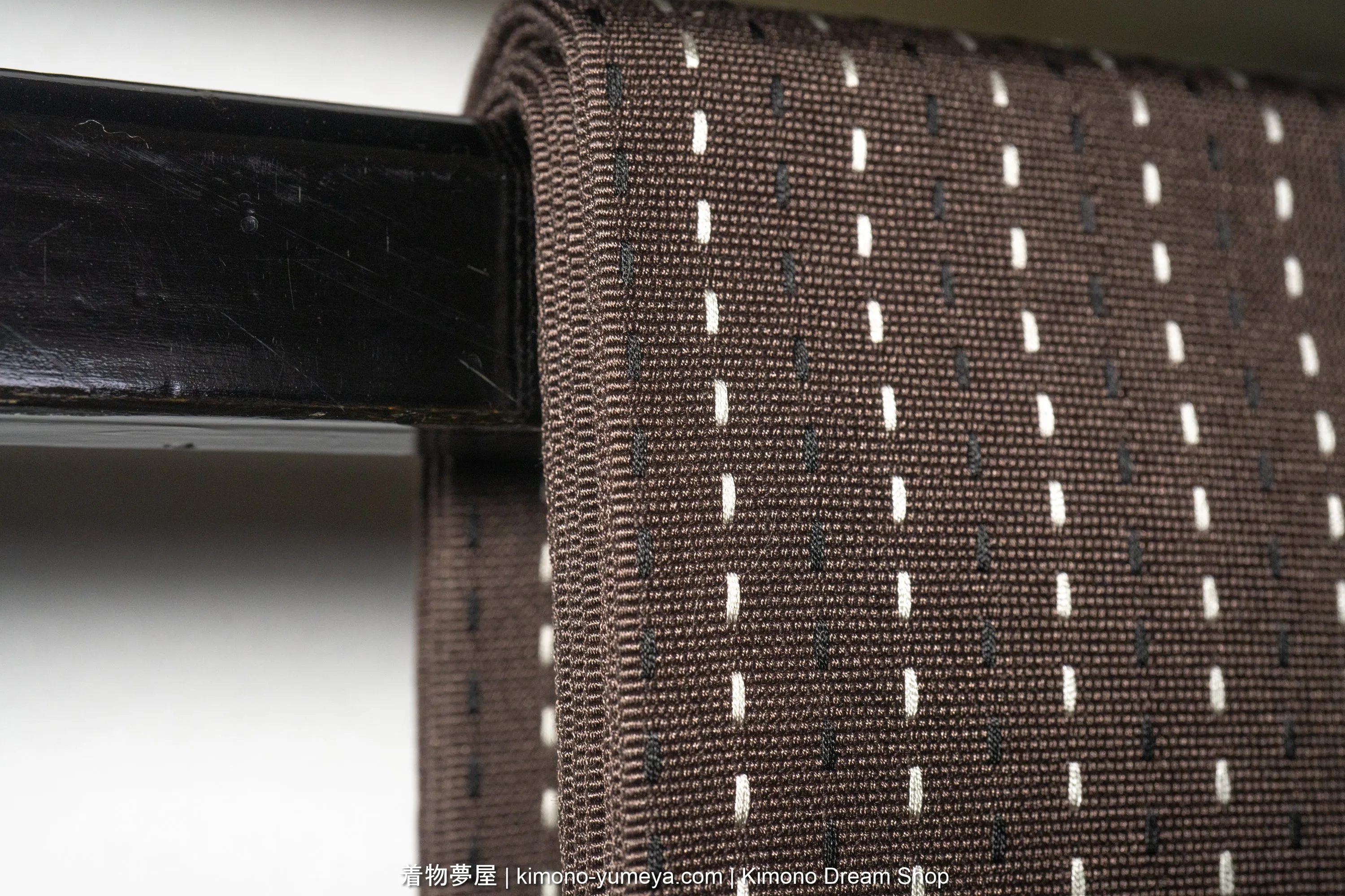 Brand New Silk Kaku Obi for Men's Kimono - Brown with White & Black Dotted Stripes - Traditional Japanese Accessory