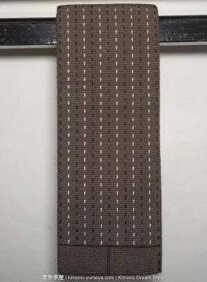 Brand New Silk Kaku Obi for Men's Kimono - Brown with White & Black Dotted Stripes - Traditional Japanese Accessory