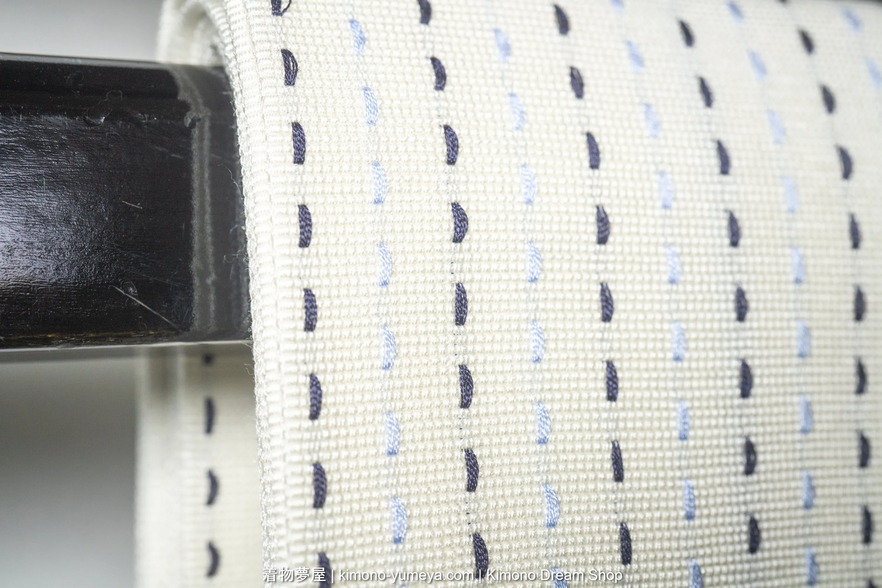 Brand New Silk Kaku Obi for Men's Kimono - White with Blue & Black Dotted Stripes - Traditional Japanese Accessory