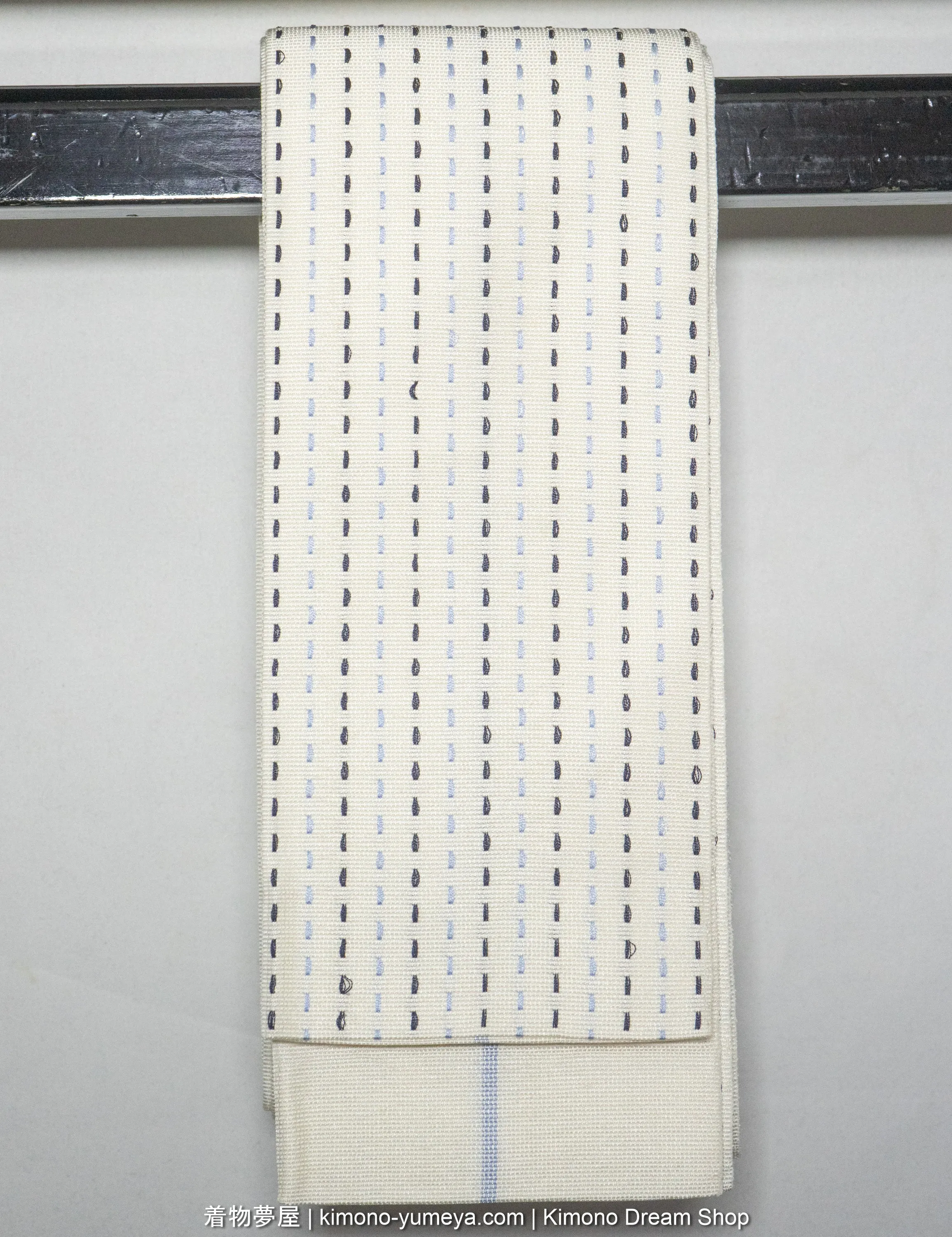 Brand New Silk Kaku Obi for Men's Kimono - White with Blue & Black Dotted Stripes - Traditional Japanese Accessory