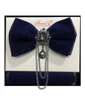 Brand Q Blue velvet Fashion Design bowtie and pocket square