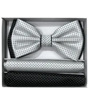 Brand Q men's white and black dots satin bowtie with hanky