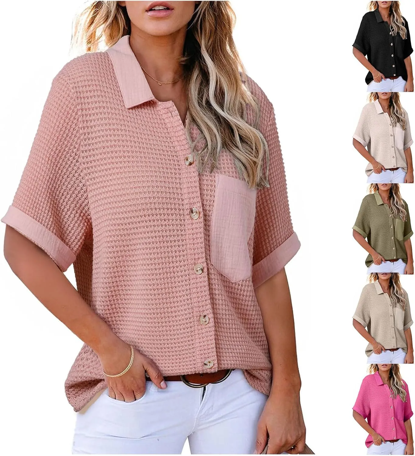 Button Up Short Sleeve Shirts for Women Casual Waffle Knitted Tops Polo V Neck T Shirts with Pockets Dressy Blouses