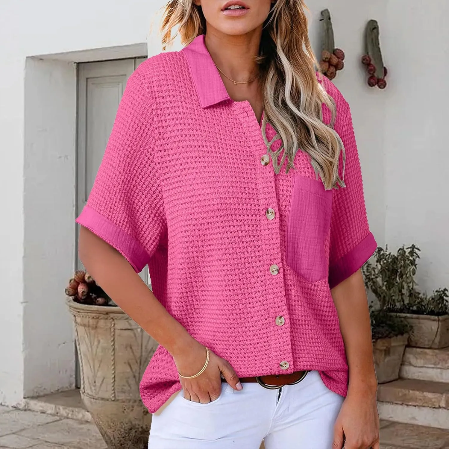 Button Up Short Sleeve Shirts for Women Casual Waffle Knitted Tops Polo V Neck T Shirts with Pockets Dressy Blouses