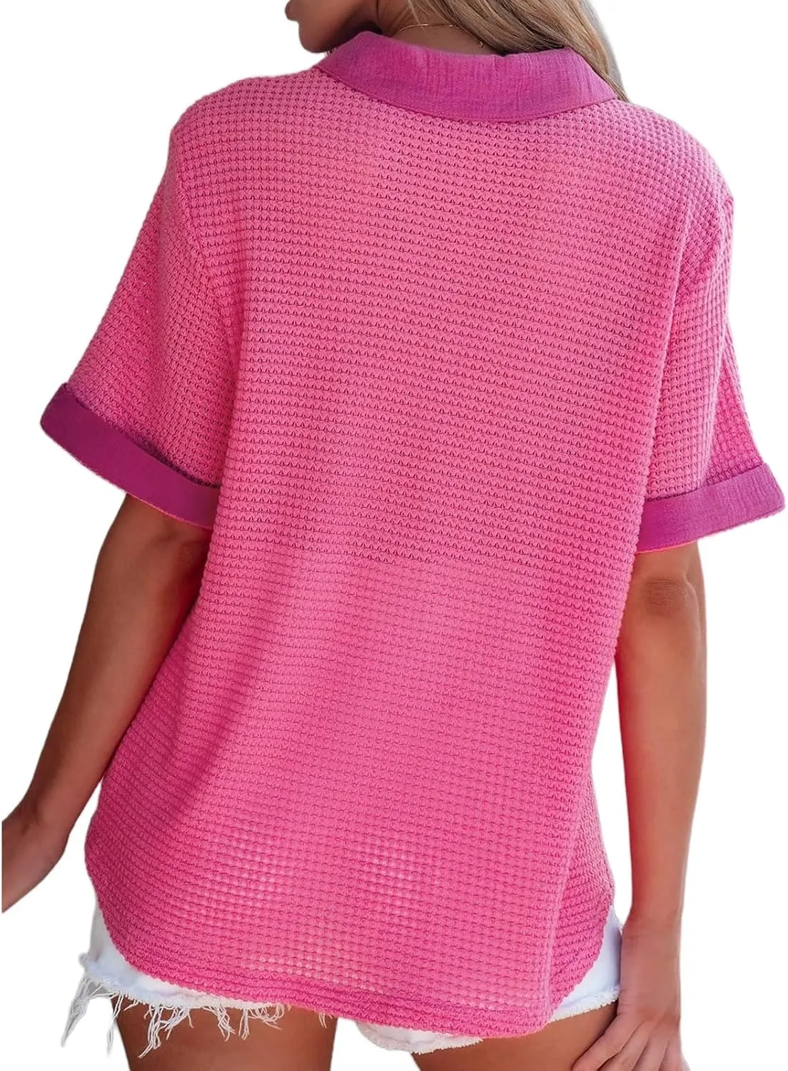 Button Up Short Sleeve Shirts for Women Casual Waffle Knitted Tops Polo V Neck T Shirts with Pockets Dressy Blouses
