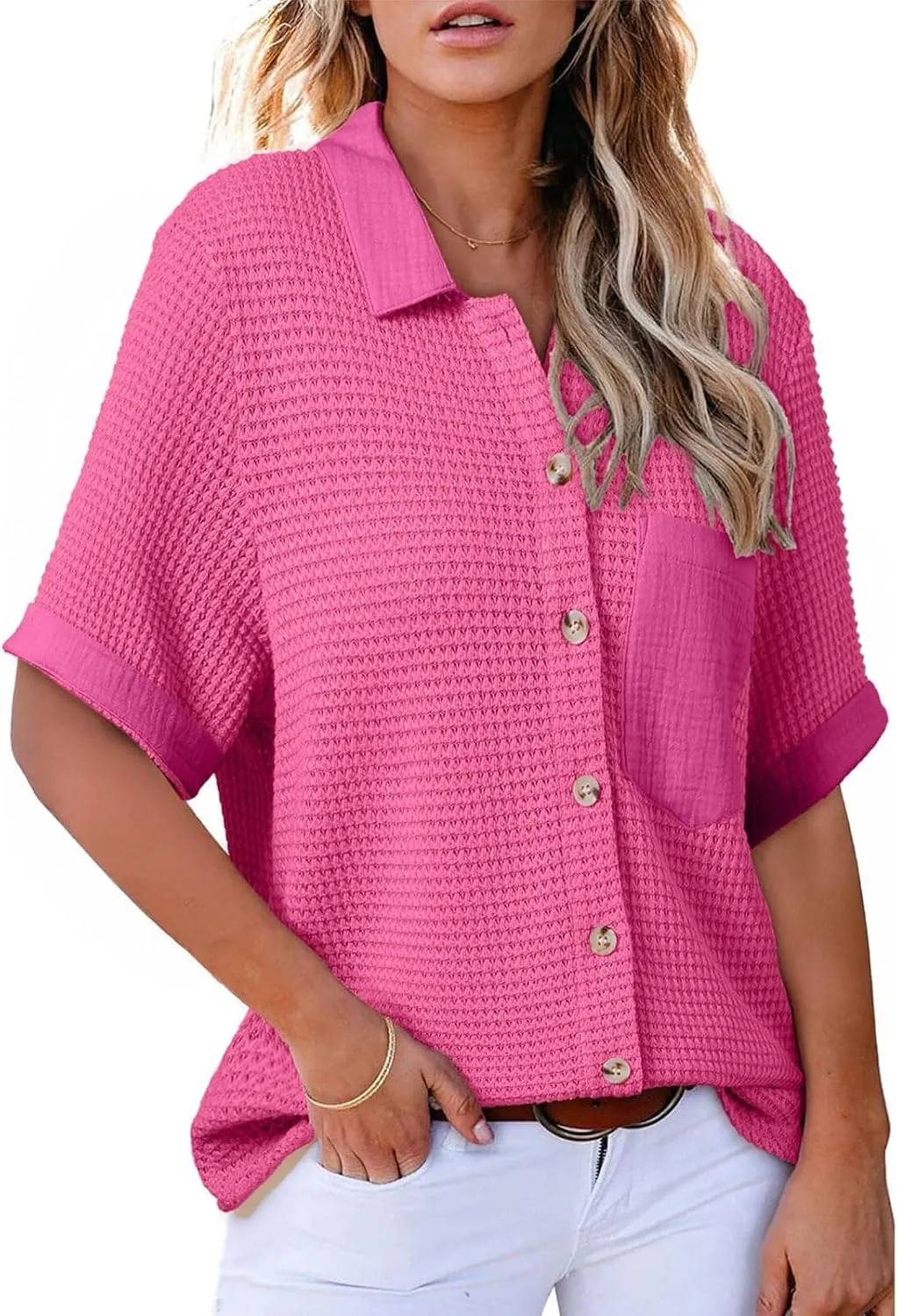 Button Up Short Sleeve Shirts for Women Casual Waffle Knitted Tops Polo V Neck T Shirts with Pockets Dressy Blouses