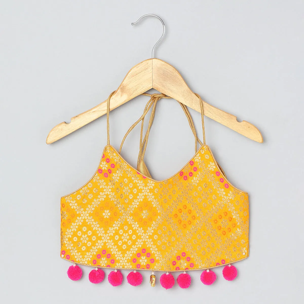BYB PREMIUM chanderi silk jucquard halter top with pompom details and tull skirt