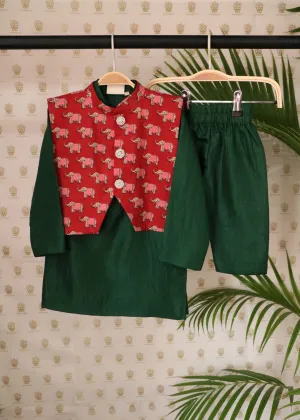 BYB PREMIUM DARK GREEN AND RED BOYS JAIPURI ELEPHANT PRINT PURE COTTON KURTA PYJAMA AND JACKET