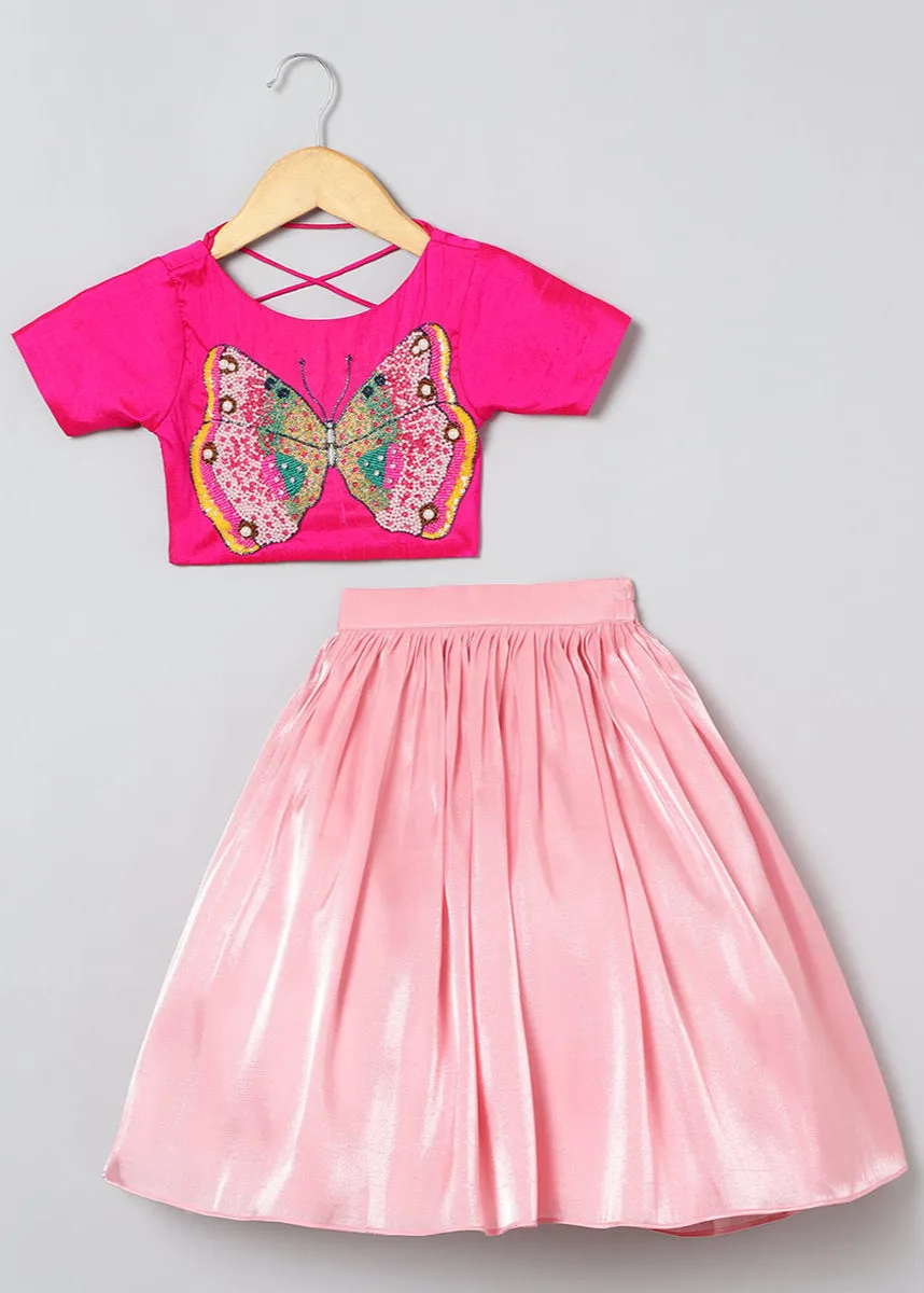 BYB PREMIUM GIRLS BUTTERFLY EMBROIDERY AND SHINNY GLASS TISSUE SKIRT AND TOP