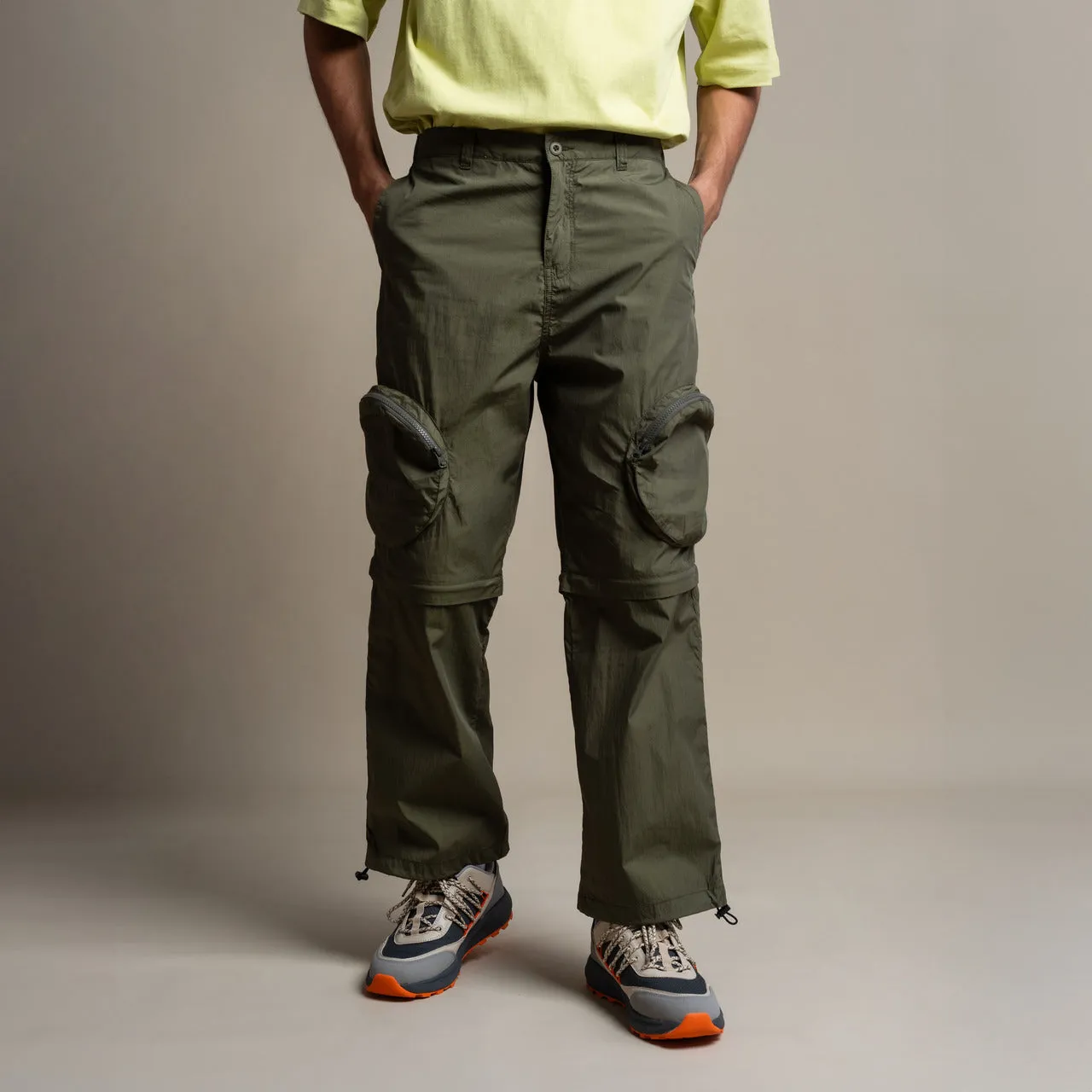 C by camel active Unisex Detachable Cargo Trousers in Baggy Fit with Multiple Pockets in Olive Cotton Blend 300-AW24C0909