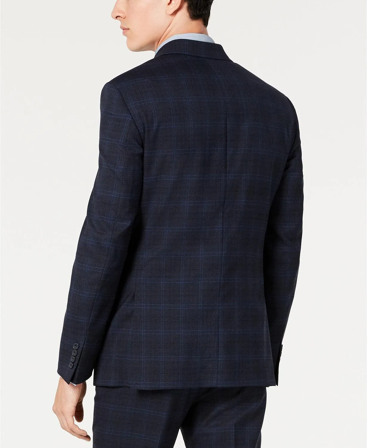 Calvin Klein Mens Slim fit Suit Jacket Blazer 40 R Navy Blue Plaid Stretch