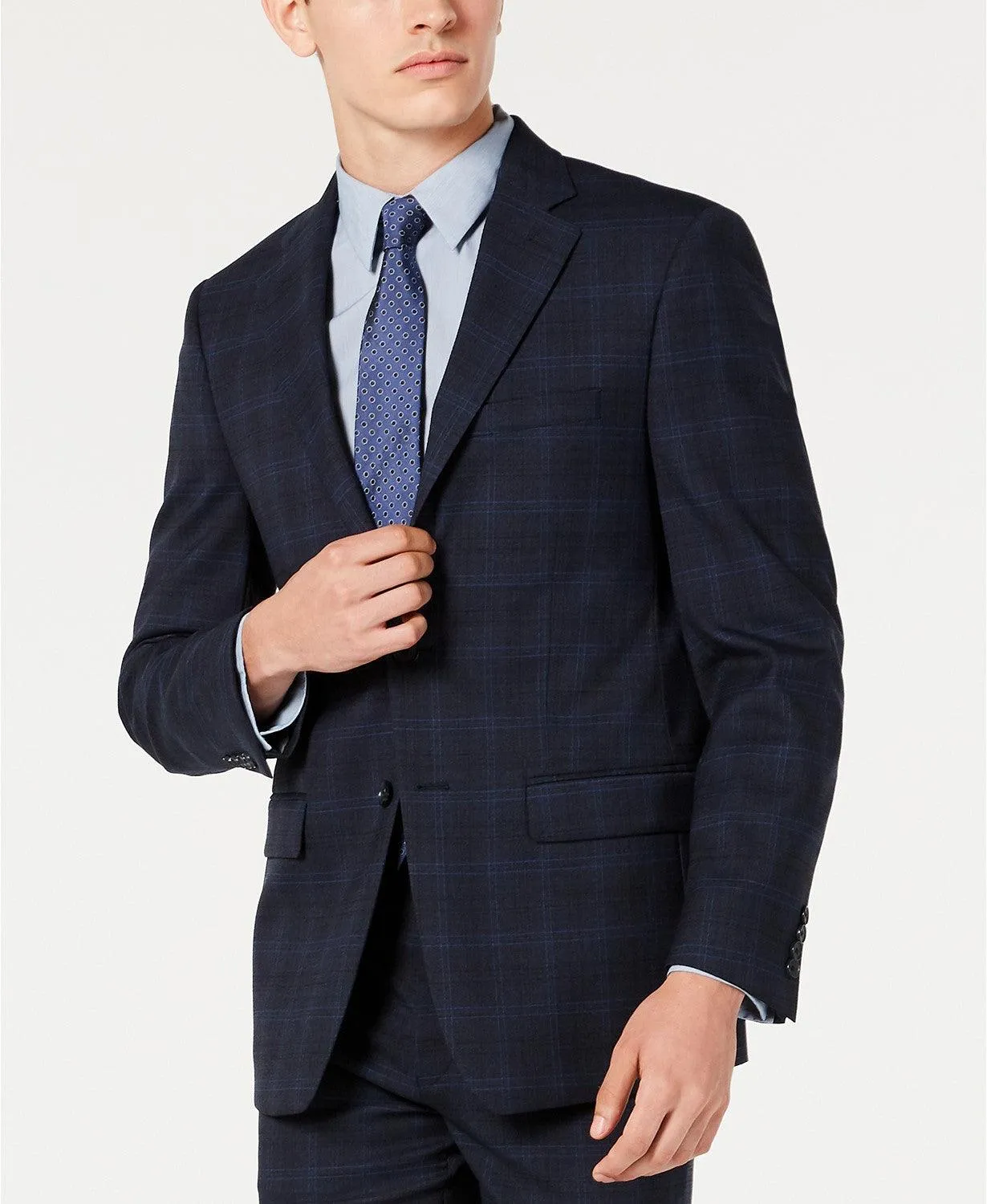 Calvin Klein Mens Slim fit Suit Jacket Blazer 40 R Navy Blue Plaid Stretch