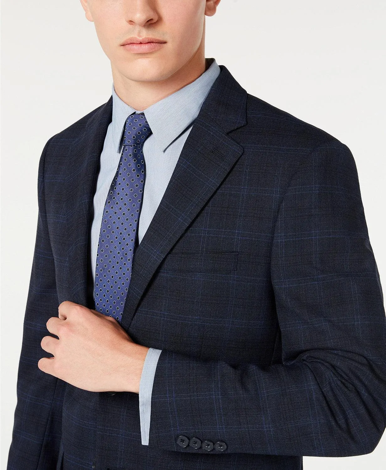 Calvin Klein Mens Slim fit Suit Jacket Blazer 40 R Navy Blue Plaid Stretch