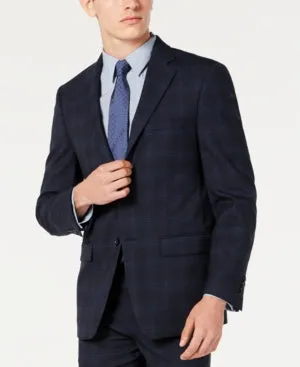 Calvin Klein Mens Slim fit Suit Jacket Blazer 40 R Navy Blue Plaid Stretch