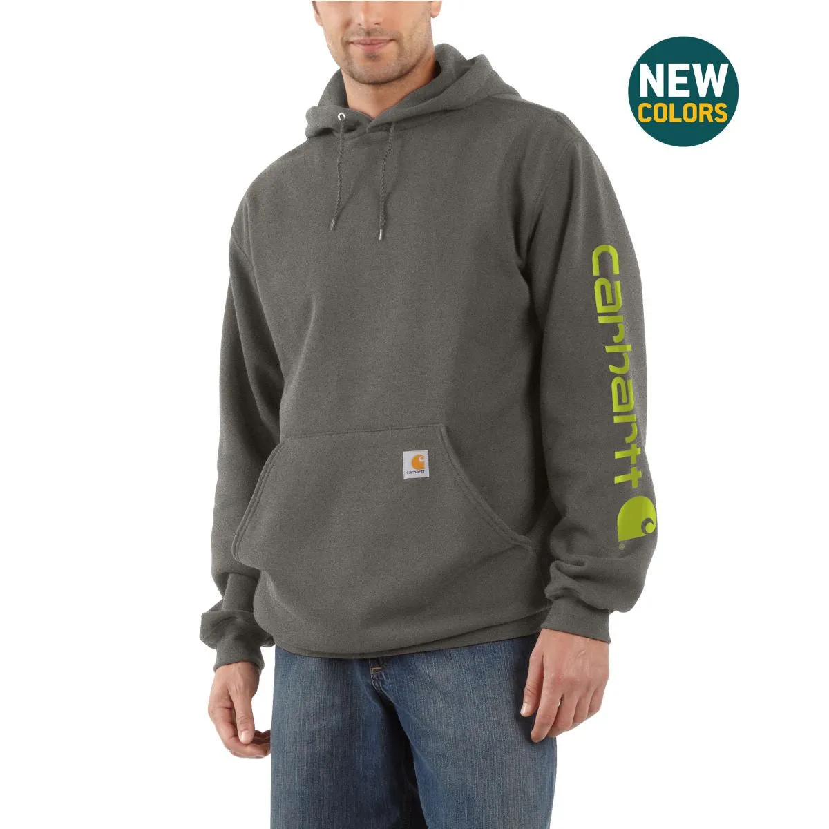 Carhartt Men's Charcoal Heather Midweight Signature Sleeve Logo Hooded Sweatshirt