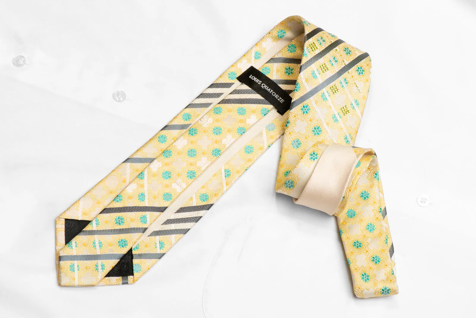 Cartouche Teal Floral Gray Stripes On Yellow Rhinestone Silk Necktie