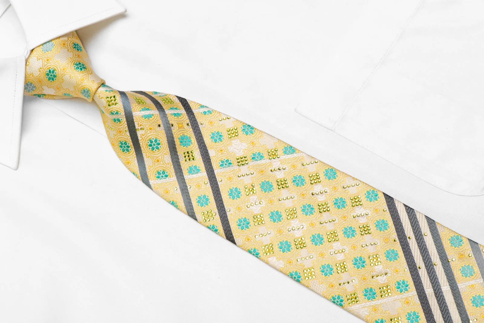Cartouche Teal Floral Gray Stripes On Yellow Rhinestone Silk Necktie