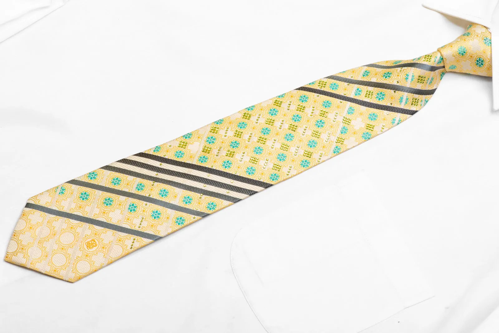 Cartouche Teal Floral Gray Stripes On Yellow Rhinestone Silk Necktie