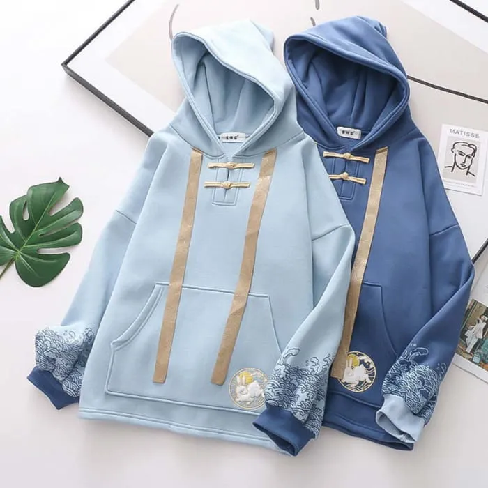 Casual Rabbit Embroidery Wave Print Hoodie