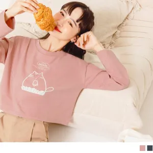 CAT PRINTED LONG SLEEVE ROUND NECK CROP TOPS