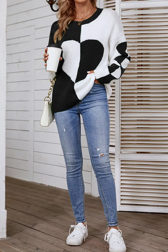 Color Block Heart Knit Sweaters