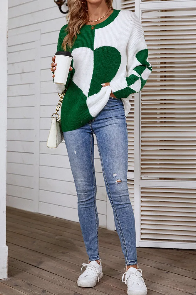 Color Block Heart Knit Sweaters