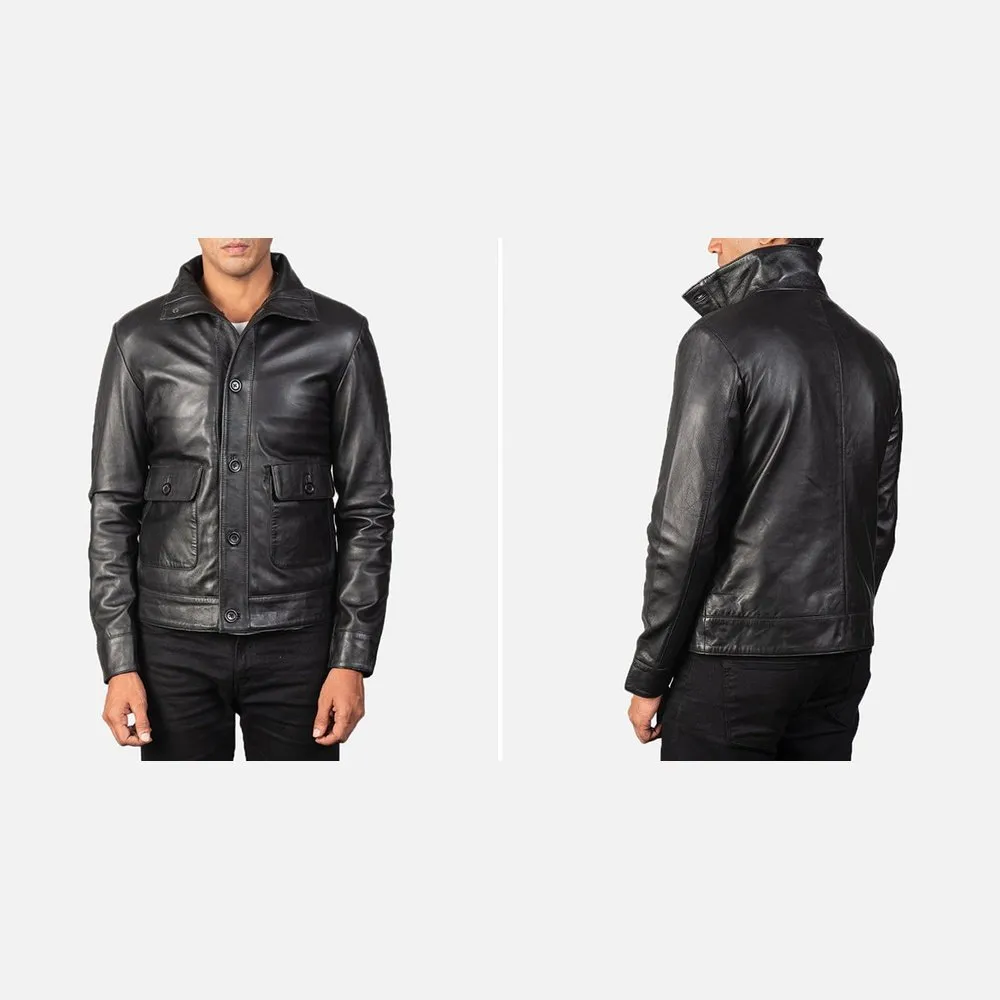 Columbus Black Leather Bomber Jacket Up to 5XL