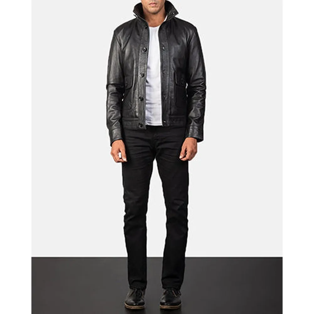 Columbus Black Leather Bomber Jacket Up to 5XL