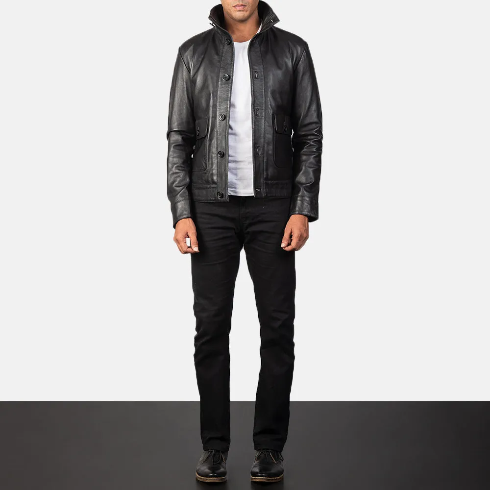 Columbus Black Leather Bomber Jacket Up to 5XL